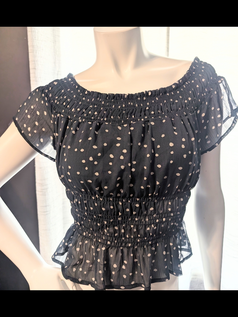 Mi Ami Slate Blue And White Polka Dot Smocked Off-Shoulder Top